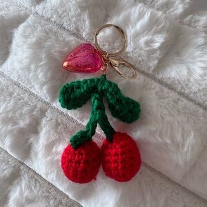 New Handmade Cherry Crochet Keychain with Pink Heart Charm $15